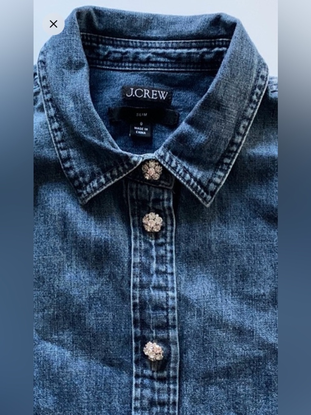 J Crew chambrey shirt with jewel buttons.  Size 0.
